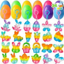 JOYIN - 24 huevos de Pascua precargados con llavero de burbujas para niños, juguete sensorial antiestrés para rellenar cestas, búsqueda de huevos de Pascua y regalos de fiesta