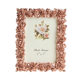Eeghurt Garden Style Resin Picture Frame Rose Flower Decorative with High Definition Plexi Glass Sheet for Table Top Desk Photo Display, Rose Gold Color, 5x7 inch