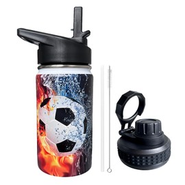 Soccer Kids Water Bottle for School with Straw Lid,12oz Stainless Steel Insulated Water Bottle for Boys & Girls,Leak Proof Lid with Handle & Touch Free Spout (A11)