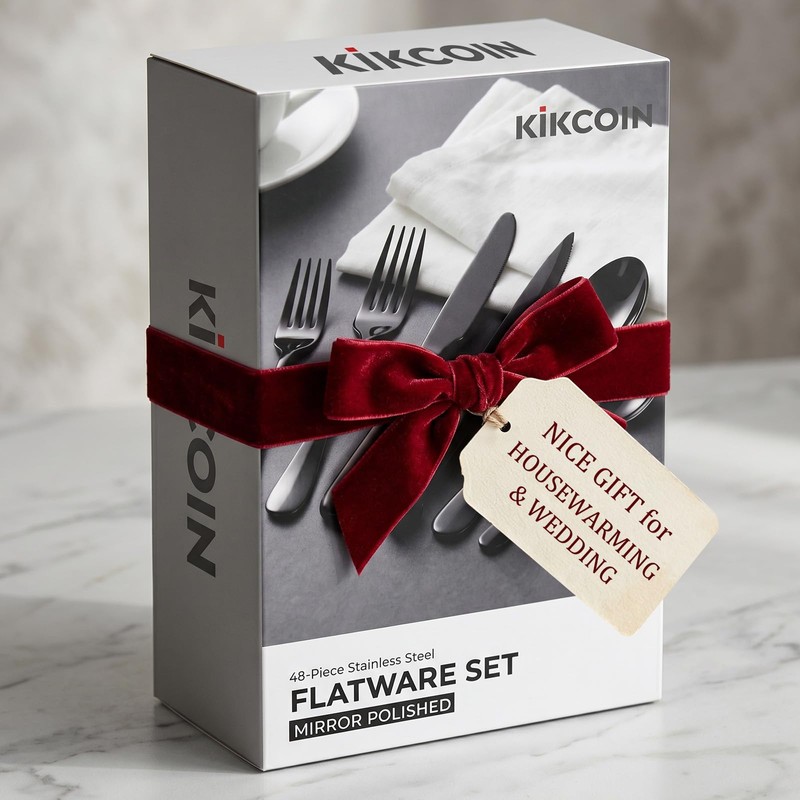 48 PCS NO-FADING Black Silverware Set with Steak Knives -
