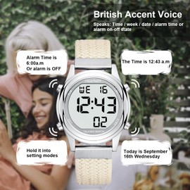 Hearkent Women's Digital Talking Watch British English Speaking Pleasant Voice LCD Big Numbers Watch for Elderly Or Blind People (Beige)