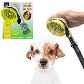Wondurdog Outdoor Dog Wash Garden Hose Nozzle for Bath and Quick Paw Rinses. Splash Shield Handle and Rubber Grooming Brush. Metal Connection. Swivels on Hose with Water Pressure Control.