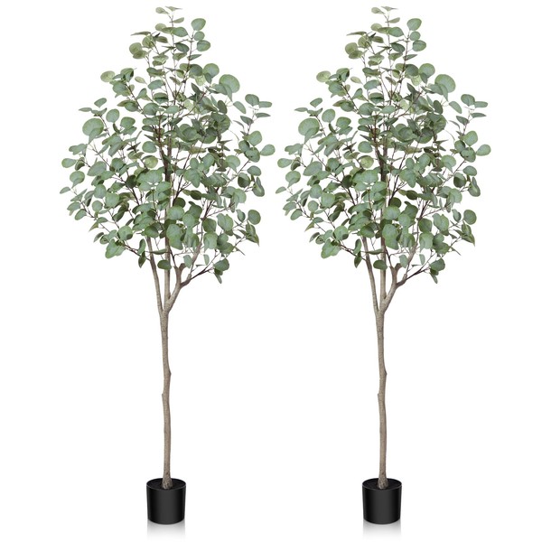 SOGUYI 6ft Artificial Eucalyptus Tree, Fake Eucalyptus Tree with Green Silver Dollar Leaves, Silk Faux Eucalyptus Tree with Plastic Nursery Pot, Artificial Plants for Home Office Indoor Decor,2 Pack