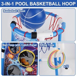 yofit 3-in-1 Pool Basketball Hoop Set, Floating Pool Toys with Rings Balls Toss Games Pump, Outdoor Summer Basketball Game at Swimming Poolside for Kids Ages 4-12 Adults Family Fun