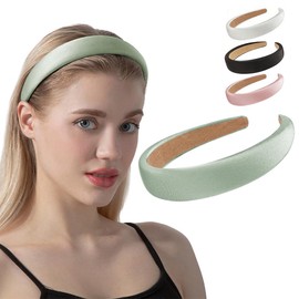 1.2 Inch Wide Solid Colors Padded Headband with No Teeth Hair Bands Non Slip Fashion DIY Satin sponge Head Band for Women and Girls(Green)