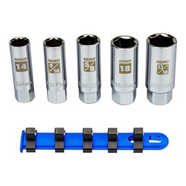 Neiko 02500A 3/8" Drive Spark Plug Socket Set, 5 Piece, SAE And Metric, Rubber Retaining Inserts, Cr-V Steel, 14mm, 18mm, 9/16, 13/16, 5/8 Spark Plug Socket, Deep Well Socket Set, Spark Plug Tool