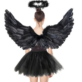 Black Angel Costume Adult, Pack of 3 Black Angel Costume Women, 60 cm Angel Flights, 70-100 cm Tulle Skirt Women, Angel Wings Women, Angel Wings Adults, Tutu Skirt, Angel Wings Children