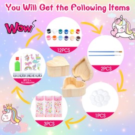 Mini Treasure Chest Wooden Tins Pack of 2 Treasure Chest Wooden Children to Paint with Mosaic Stickers, Heart Shape Jewellery Box Girls for Crafts for 6 7 8 9 10 Years Children Girls Birthday Gift