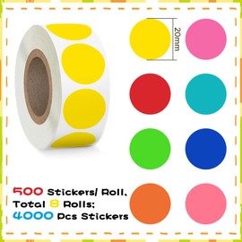 Gicare 4000 Stück Klebepunkte Bunt 20mm Aufkleber Weihnachten Sticker 8 Rollen Punkt Aufkleber Rund, Markierungspunkte Farbige Runde Etiketten Bunte Selbstklebende Klebeetiketten für Kalende Schule DIY Büro