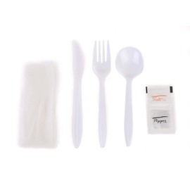 EcoQuality Wrapped Cutlery Kit 6 in 1 - Fork/Spoon/Knife/Napkin/Salt/Pepper - Disposable Cutlery Kit, Perfect for Lunch, Meal Prep, On the Go, To go, Catering and Restaurants (White, Pack of 200)