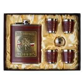 Polart - Stainless Steel Gift Boxed set of Na Zdrowie - Cheers Republic of Poland (Rzeczpospolita Polska) Polish Flask and Four Shot Glasses with the Funnel, Flask Sets for Men