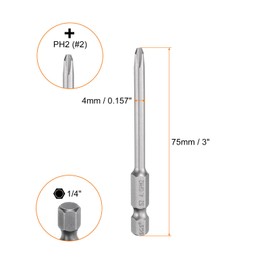 HARFINGTON #2 Phillips Screwdriver Bit PH2 1/4" Hex Shank 3" (75mm) Long Magnetic S2 Steel Industrial Grade Screw Driver Bit Cross Head Electric Drill Bits 0.157" (4mm) Rod
