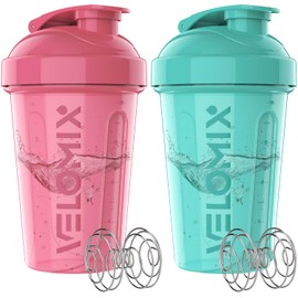 VELOMIX -2 Pack- 20 oz Protein Shaker Bottles for Protein Mixes - 2x Wire Whisk | Leak Proof Shaker Cups for Protein Shakes and Pre Workout | Protein Shaker Bottle Pack (Pink/Turquoise)