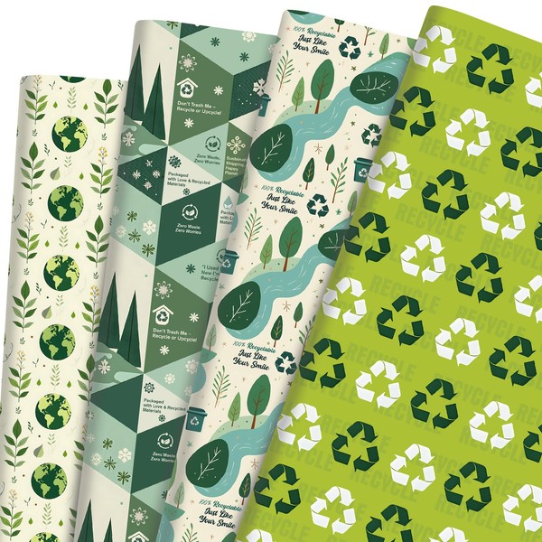 Pineraap Eco-Conscious Wrapping Paper 12 Sheets Tree,Leaf & Green Motif