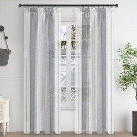 MRTREES Curtains with Ruffle Tape, Striped Curtains, Bedroom, Modern Curtain, Set of 2, Semi-Transparent Grey and White, 225 x 140 cm