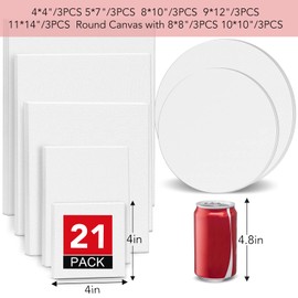 ESRICH Canvas Boards for Painting-21 Pack Blank Canvas Boards-4x4, 5x7, 8x10, 9x12, 11x14, Round Canvas D8, D10, Cotton Primed Canvas Panels, Painting Canvas for Oil, Acrylic, Watercolor.