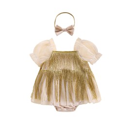 Foavergod Baby Girls Romper Dress Mesh Sequins Heart Lacing Strap Smocked Ruffled Jumpsuit Bow Headband (Tassels Gold, 12-18 Months)