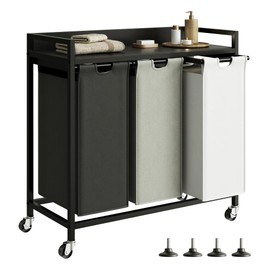 Herture Laundry Hampers with Shelf, Laundry Basket 3 Section, Laundry Sorter with Pull-Out Removable Large 3 Color Bags and Movable Wheels, Metal Frame, 3 x 15.87 Gallons (60L), Black PF04XLK