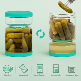 ForTidy Glass Pickle Jar with Strainer Flip - Airtight Olive Container with Silicone Lids, 50.72oz Kitchen Organization Must-Have Versatile Hourglass Jar, BPA-Free, Dishwasher Safe (Green)