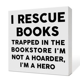 coimiao Book Lover Desk Decor, Reader Librarian Bookworm Bookish Decoration for Home Bedroom Office Bookshelf Wooden Box Sign, Book Lover Nerd Gifts for Women Men Girls Teens, I Rescue Books, White