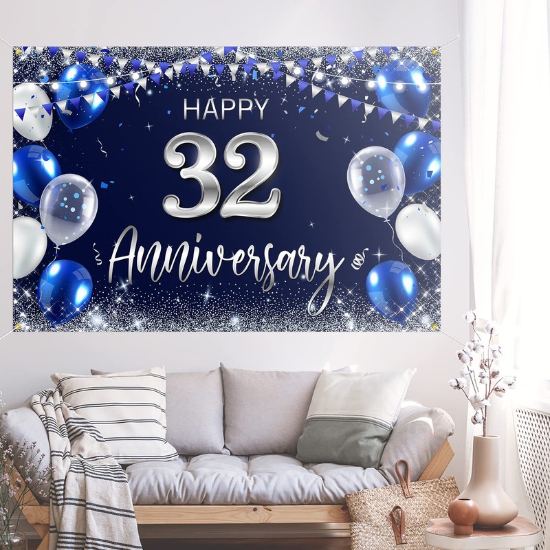 Happy 32nd Anniversary Backdrop Banner Decor Navy Blue – Silver