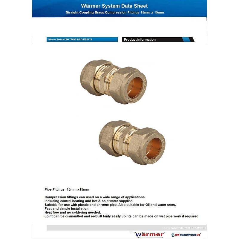 Straight Coupling Brass Compression Fittings 15mm Multi Packs 1, 2,