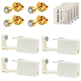 Dzxin Piercing Kits, 4 pcs Self Ear Piercing Gun, Disposable Self Ear Piercing Gun Kit with Earring Studs, Safety Ear Nose Piercing Gun Kit Tool (Golden- White)