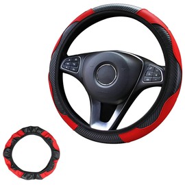 ZKSXOA Steering Wheel Cover, Microfiber Leather Car Steering Wheel Cover Set Include Handbrake Cover Gear Shift Cover, Breathable Anti-slip & Universal Size, Black-Red