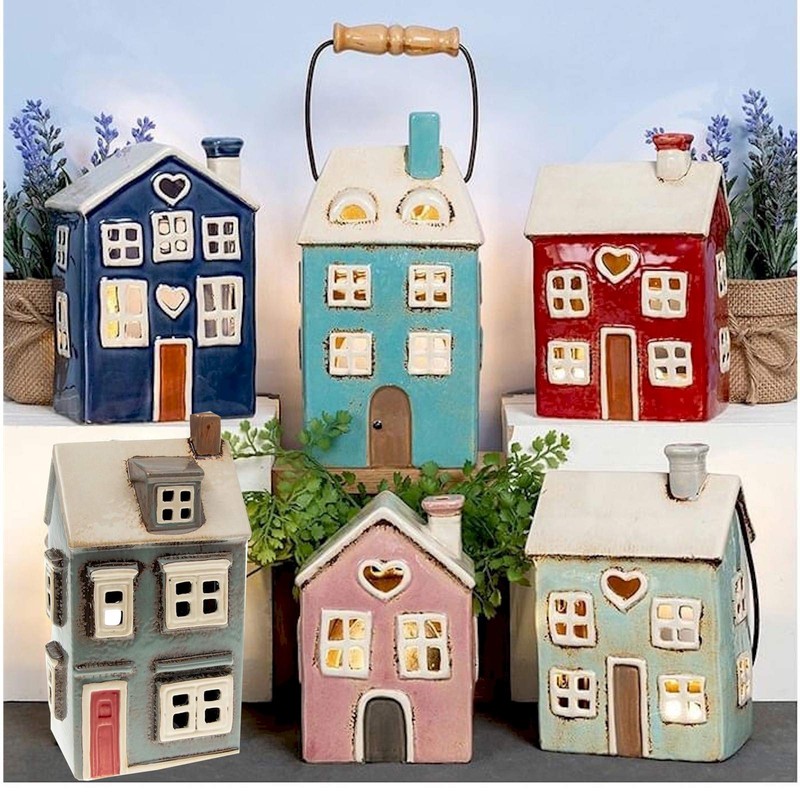 Village Pottery Tea Light Holder Country House Grey