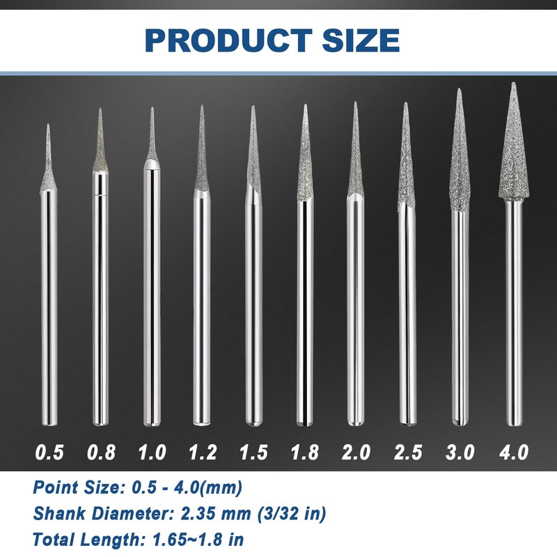 3/32" Marathon-IV Micromotor Tapered Diamond Burr Bits, Cone Point Diamond