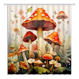 JEJOMEAG Mushroom Shower Curtain Rustic Floral Butterfly Natural Botanical Wildflowers Boho Abstract Vintage Fabric Bathroom Curtain with Hooks, 70x70 Inch