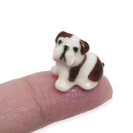 ChangThai Design Tiny ½ Inch Brown White Sitting Bull Dog Figurine - Miniature Hand Made Painted Ceramic Dogs Puppy Canine Animals Cute Porcelain Decorative Collectible Figures Décor Gifts