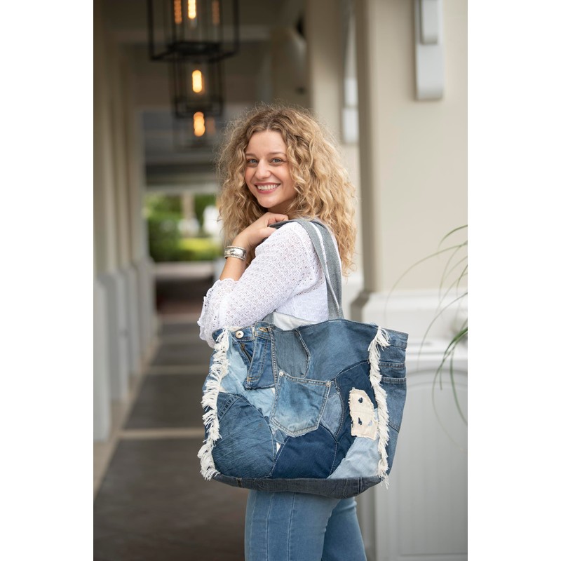 Back From Bali Womens Denim Patchwork Pocket Tote Bag Classic