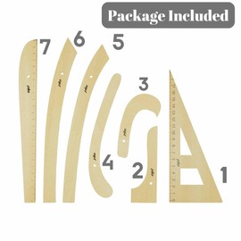 FDM 7 Piece Wooden Fashion Drawing Ruler Curved and Straight Ruler Models for Tailors, modelists, Designers and Pattern Makers Textile Wooden Riga Ruler Miter Set with Special (Wooden Box)