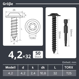 Dayalo Pack of 50 self-tapping screws, 4.2 x 32 mm, black, stainless steel flat head with disc Torx screws, self-tapping screws, drilling screws, wood screws, lens head, full thread, with drill