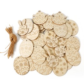 36pcs Easter Wooden Hanging Ornaments, Unfinished Easter Egg Cutouts Wood Slices Hanging Embellishments with 36 Twines for Kids Painting DIY Craft Easter Party Decorations Supplies