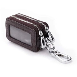 Regal Men's Key Case, Smart Key Case, Genuine Leather, Double Zipper, Stylish, Dark Brown