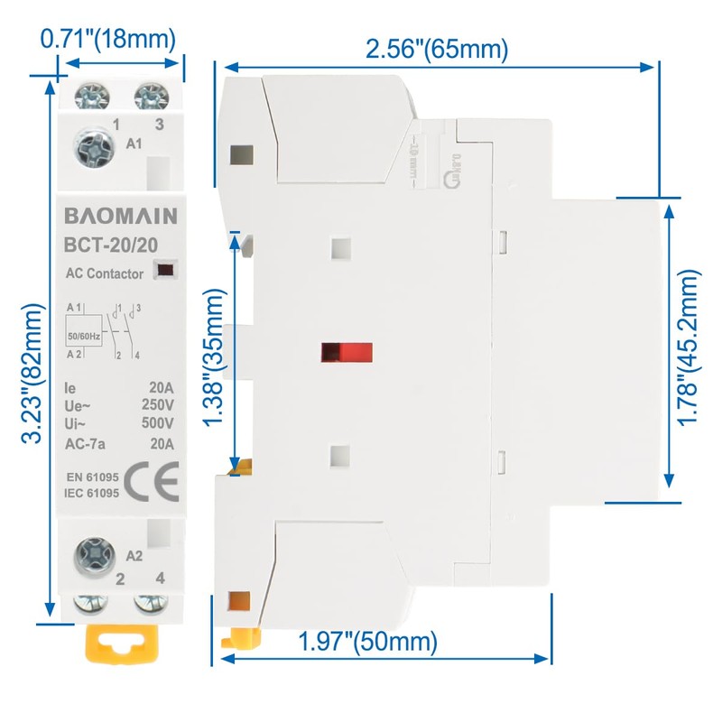 Baomain 12V AC 2-Pole Modular Contactor, 20A 2NO Normally Open,