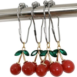 Kinwot Decorative Cherry Shower Curtain Hooks Rings for Bathroom Shower Curtain & Liners, Rust Proof Stainless Steel Curtain Ring with Resin Red Fruit Themed Cherry Bathroom Decor, Set of 12 (Chrome)