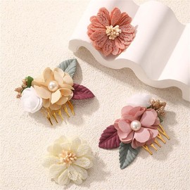 IYOU Wedding Hair Combs Set Pink Flower Headpiece Leafs Birthday Bridal Hair Accessories for Baby Girls(Pack of 4)
