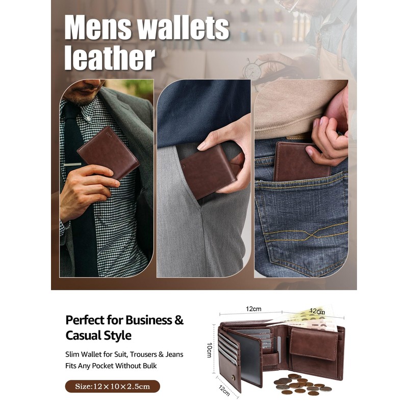 GSG SINCE 1998 Mens Leather Wallet with Coin Pocket, RFID