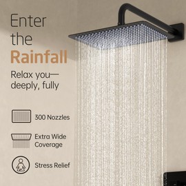 KES High Pressure Shower Faucet Set with Rough-in Valve, Rectangle 12-inch Shower Head Set,18/8 Stainless Steel Rainfall Shower Head, Matte Black, Full Body Coverage, XB6101S12-BK