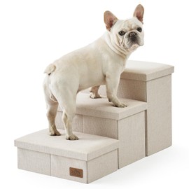 COZY KISS Dog Stairs with Storage, 3-Step Wider Sturdy Dog Steps for Small/Medium/Large Dogs and Older Cats, Folding Doggie Ramp for Bed/Couch/Car Hold Up to 210 lbs (16.7" H, Beige)