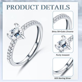 Kakonia 925 Sterling Silver Heart Ring for Women Cubic Zirconia Wedding Engagement Promise Ring Thumb Adjustable Rings for Women Girls Jewellery Gift