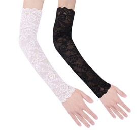 ITODA 2-piece Set, Lace Arm Cover, Women's, Spring and Summer, Embroidery, Black, White, UV Protection Gloves, Thin, Anti-UV, Gloves, Smooth, Cool, Sweat Absorbent, Quick Drying, Arm Sleeve, Long