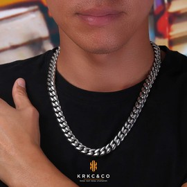 KRKC&CO 12mm Cuban Link Chain, 18K Gold Plated Stainless Steel Men's Necklace, Anti-Tarnish Anti-Allergies, Miami Curb Chains Hip Hop Necklace for Men Homme(12mm-Silver,18inches)