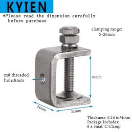 KYIEN Small C Clamps for Woodworking 30mm, Heavy Duty Metal Welding Clamp, Universal Stainless Steel Desk Clip for Mounting, with Wide Jaw Opening & Adjustable Screw & Pads(6PCS)