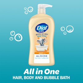 Dial Kids All-in-1 Body + Hair + Bubble Bath, Peach Scent, 32 Fl Oz, Hypoallergenic Body Wash & Shampoo, No Tears Formula for Kids 2+ Years, No Parabens & Silicones