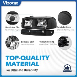 Vizotae Headlights for 1999-2007 GMC Sierra, for 1999-2006 GMC Yukon Halogen Headlamp Replacement, High/Low Beam W/Bulbs, Driver & Passenger Side