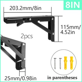 Ruidee 2Pcs Folding Shelf Brackets 200mm Metal Support Bracket Wall Mounted Folding Table Hinge for Kitchen Bedroom Work Bench (ZD/Black/8in)